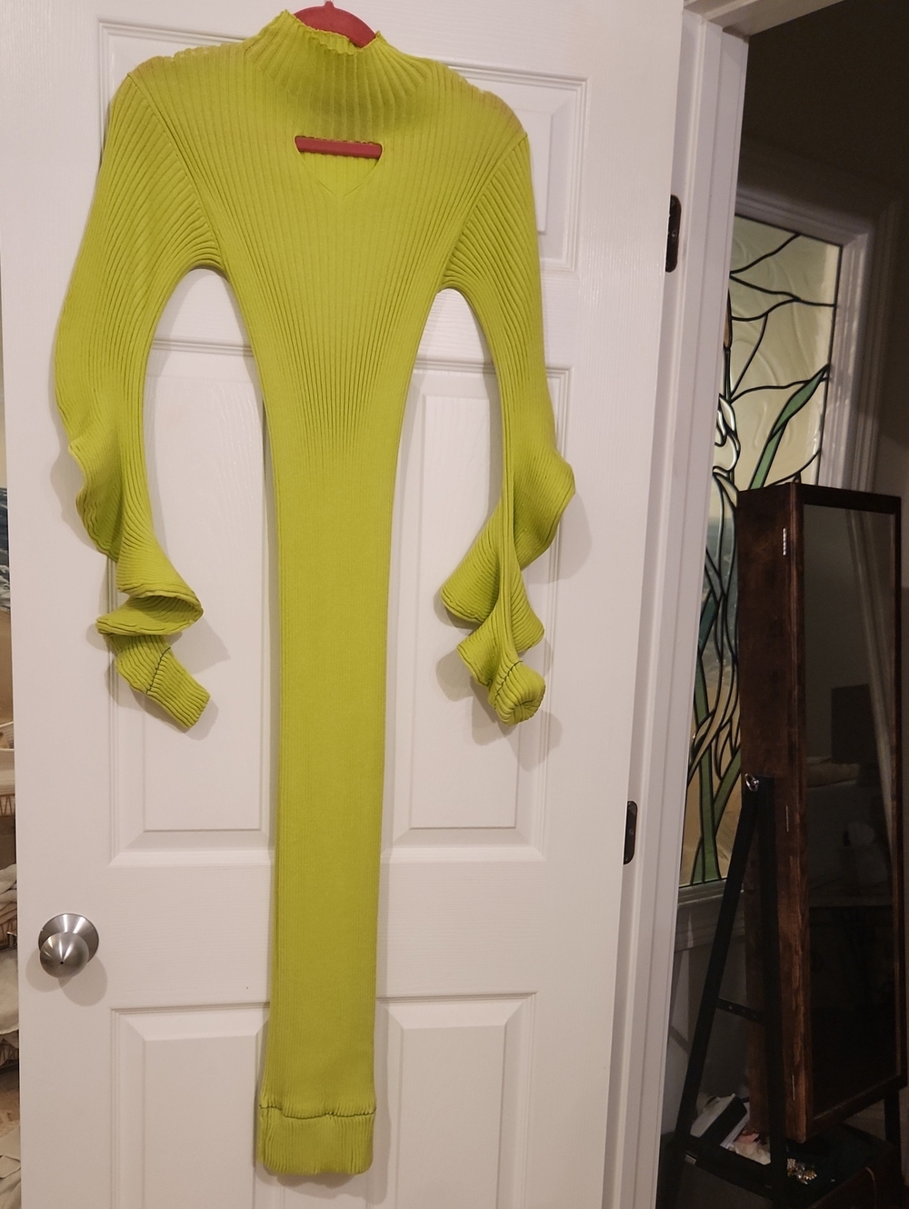 Super Stretch Lime Green Ribbed Maxi Dress with Ruffle Sleeves